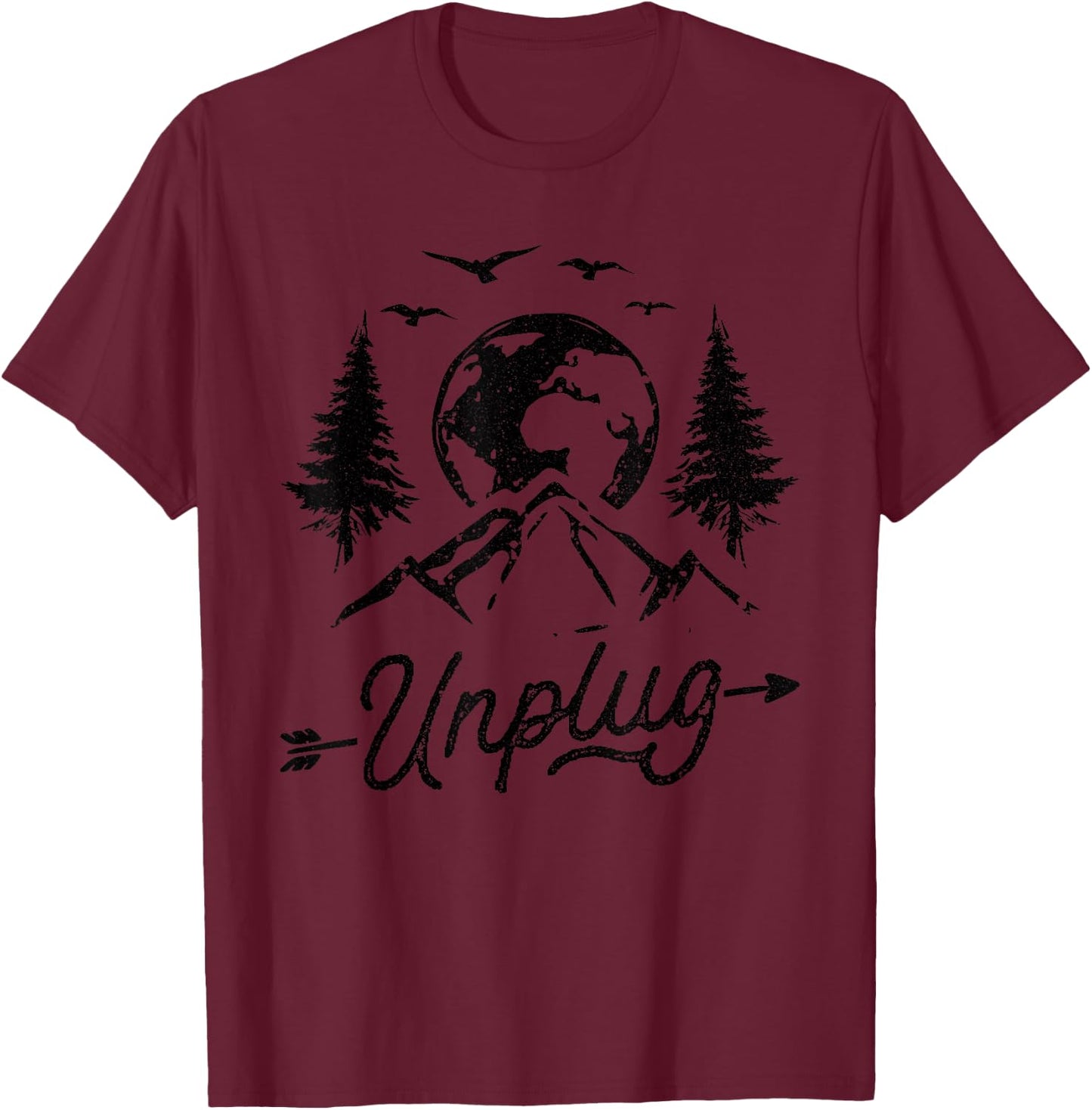 Unplug Hiking Camping Mountain Forest Hiker T-Shirt - T-Shirt | Maroon