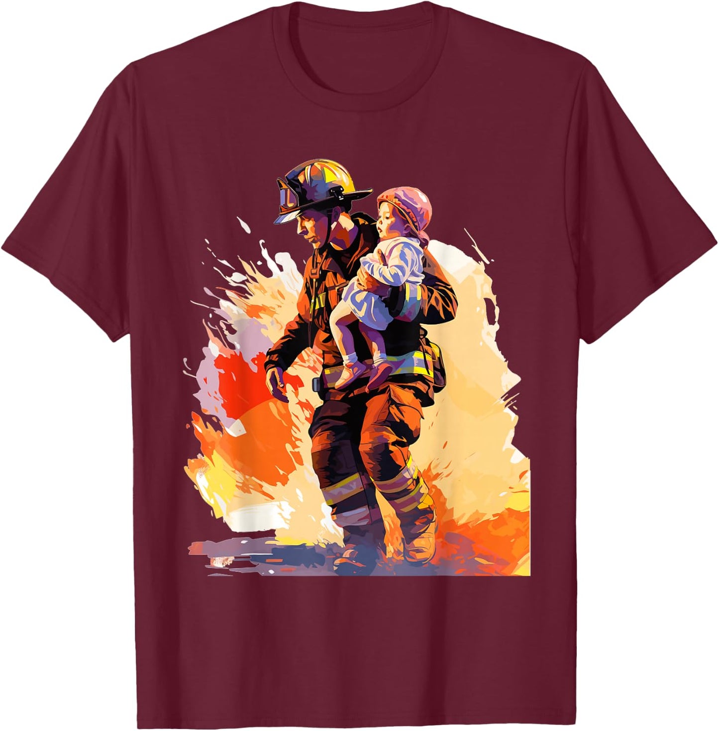 Firefighter Saving A Child - Firefighter & Fireman T-Shirt - T-Shirt | Maroon
