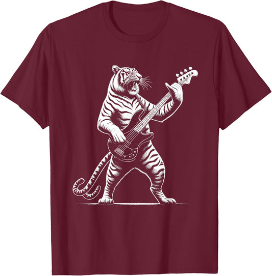 Rock n Roll Tiger Playing Guitar Funny Tiger T-Shirt - T-Shirt | Maroon
