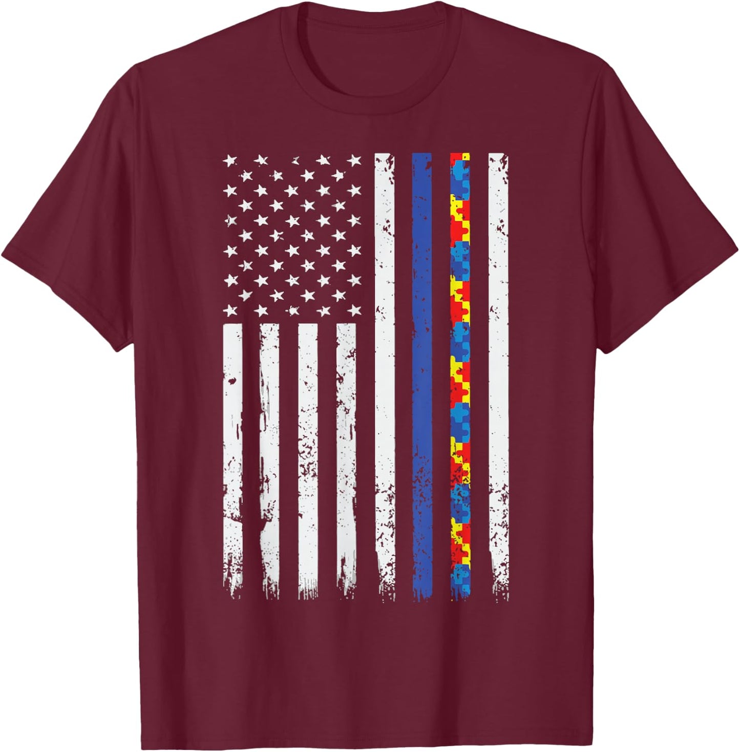 Police Support Autism Awareness Thin Blue Line Autism Flag T-Shirt - T-Shirt | Maroon