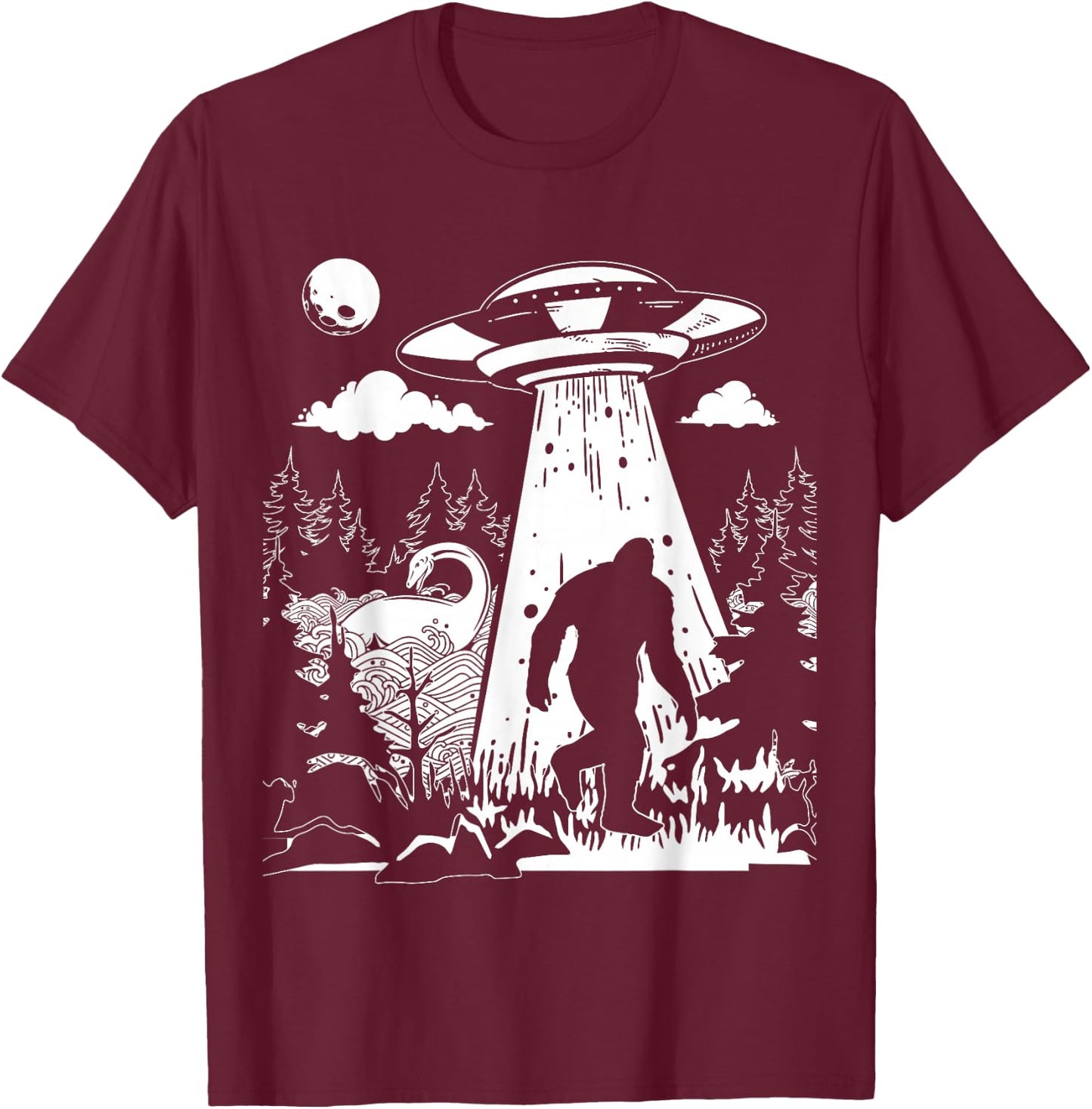 Vintage Alien with Bigfoot & Loch Ness Monster Cryptozoology T-Shirt - T-Shirt | Maroon