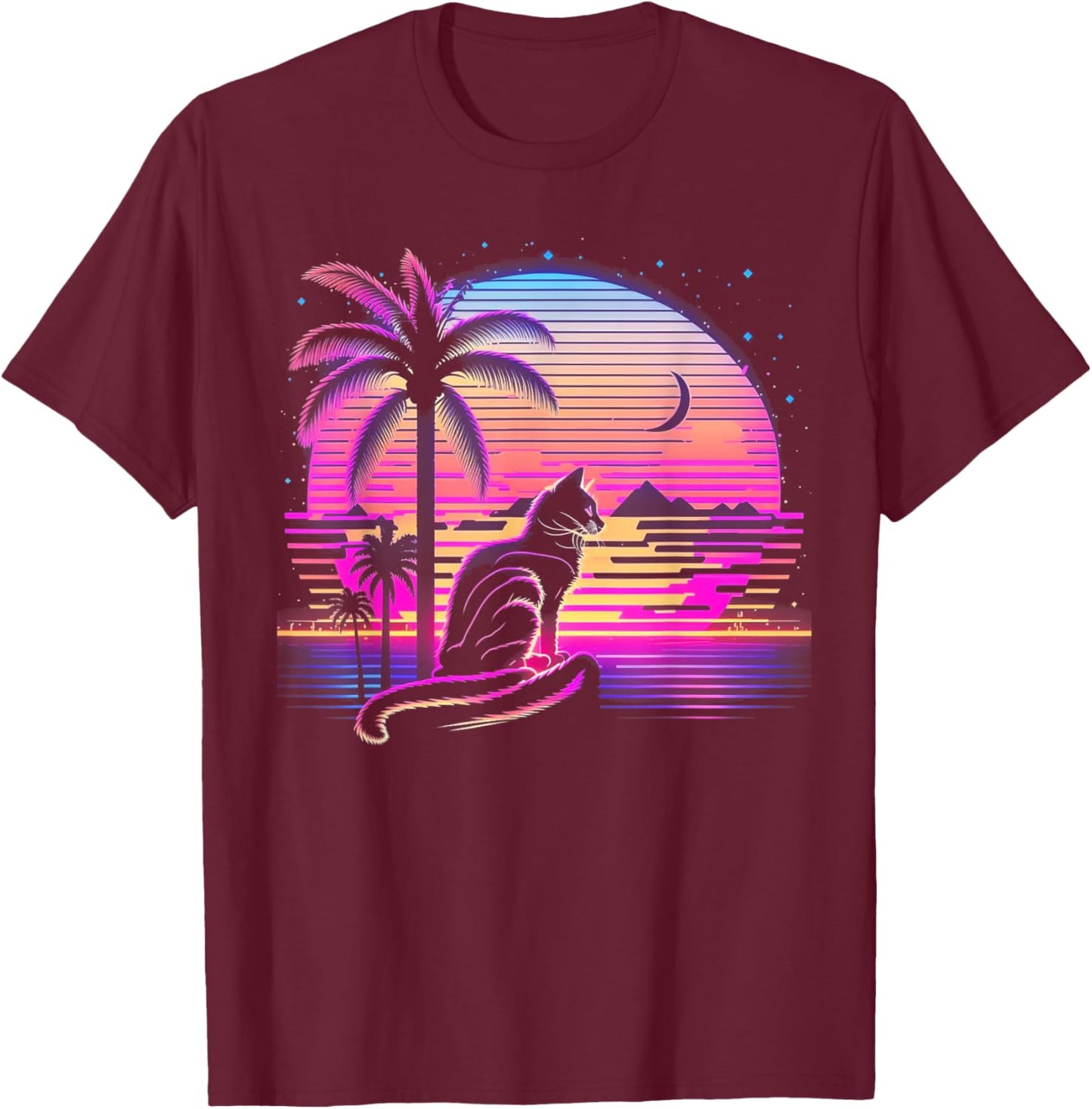 Cat Vaporwave Retrowave Aesthetic Synthwave 80s Palm Tree Men Women Kids T-Shirt - T-Shirt | Maroon