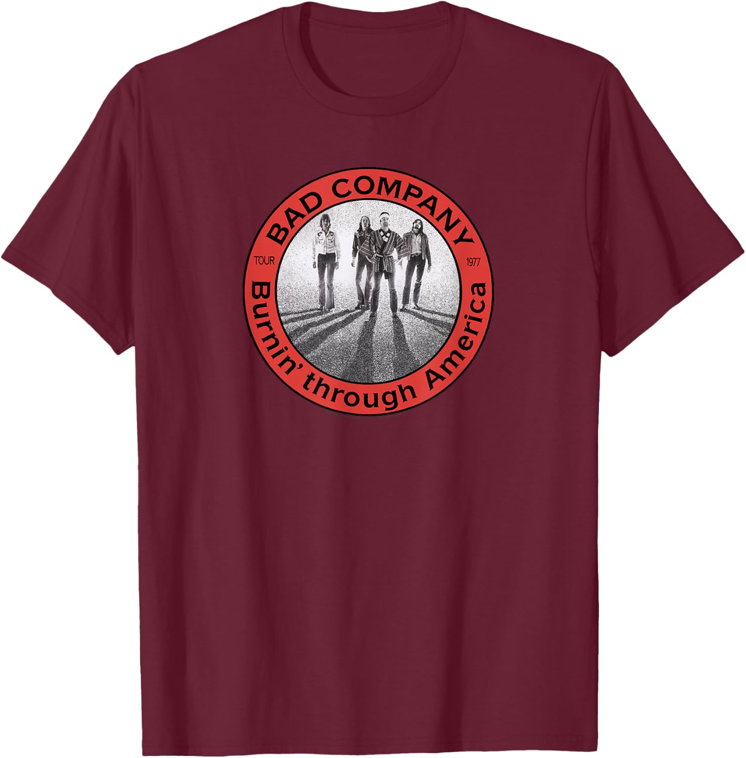 Bad Company Burnin' Through America Tour 1977 T-Shirt - T-Shirt | Maroon