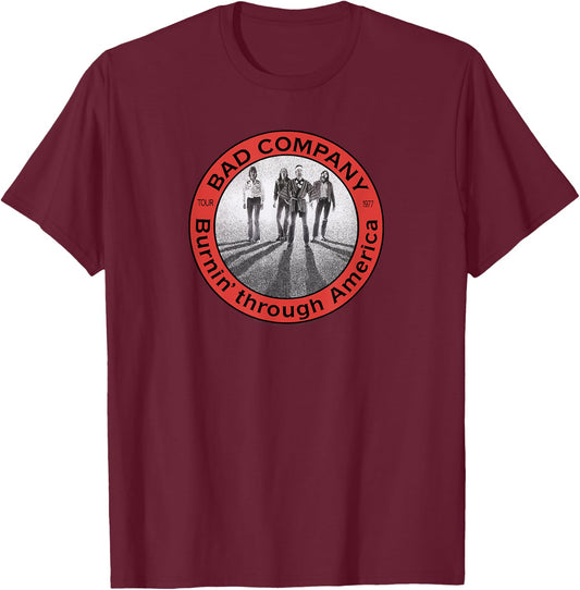 Bad Company Burnin' Through America Tour 1977 T-Shirt - T-Shirt | Maroon
