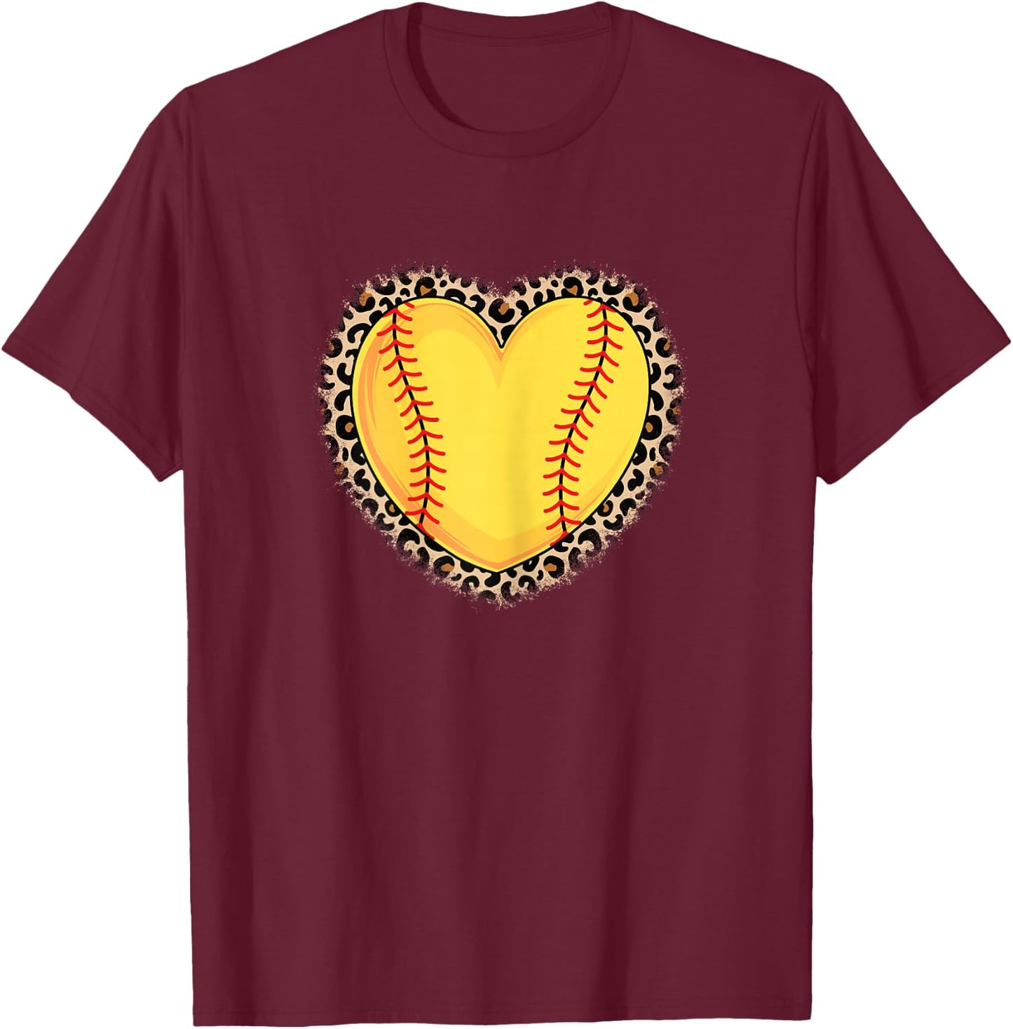 Cute Softball Heart Leopard Print Women Girls Softball Lover T-Shirt - T-Shirt | Maroon