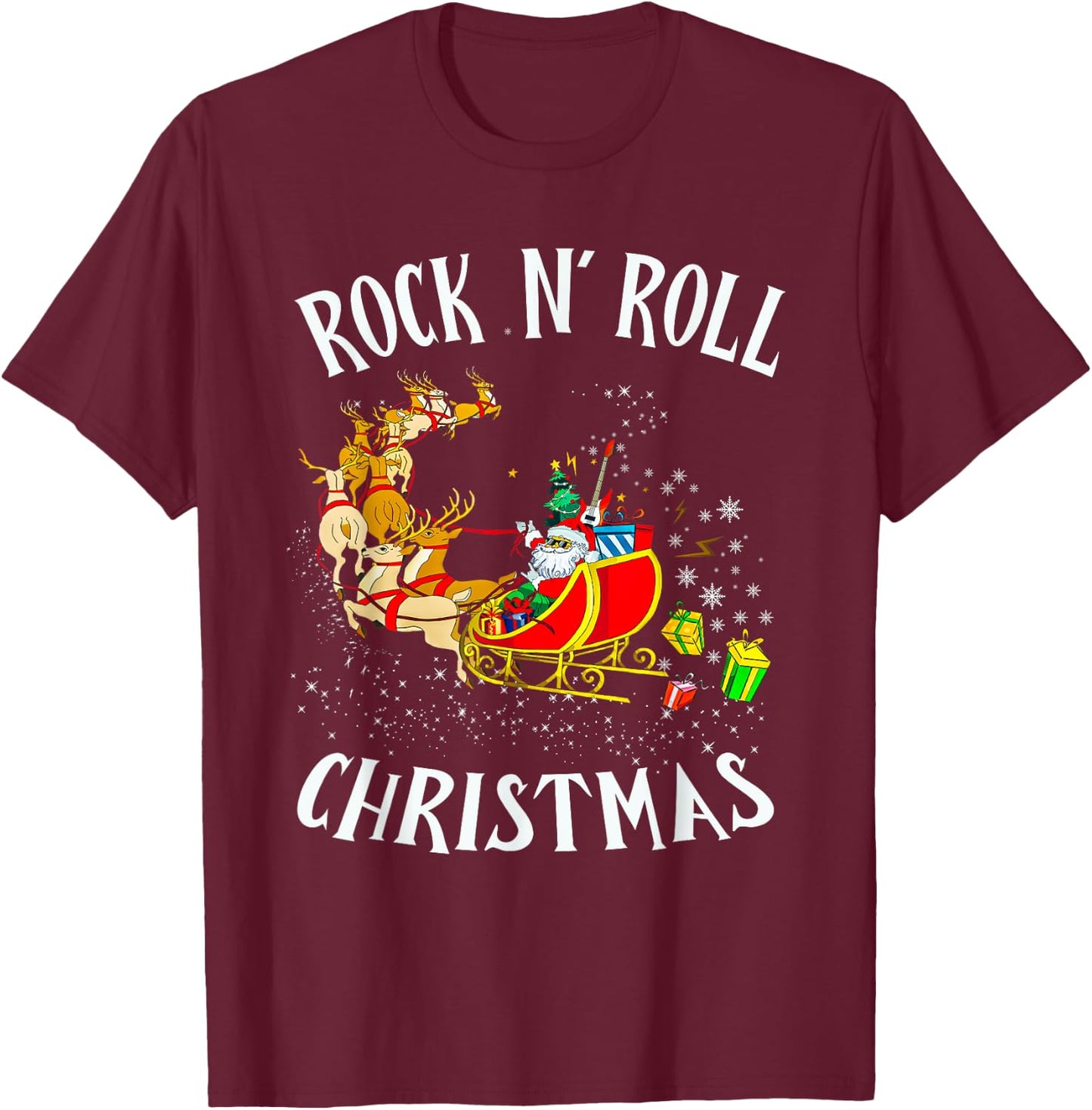 Rock N Roll Christmas Santa Sleigh Reindeer Xmas T-Shirt - T-Shirt | Maroon
