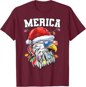 Merica Christmas Shirt Patriotic Veteran Santa Bald Eagle Kids Men T-Shirt - T-Shirt | Maroon