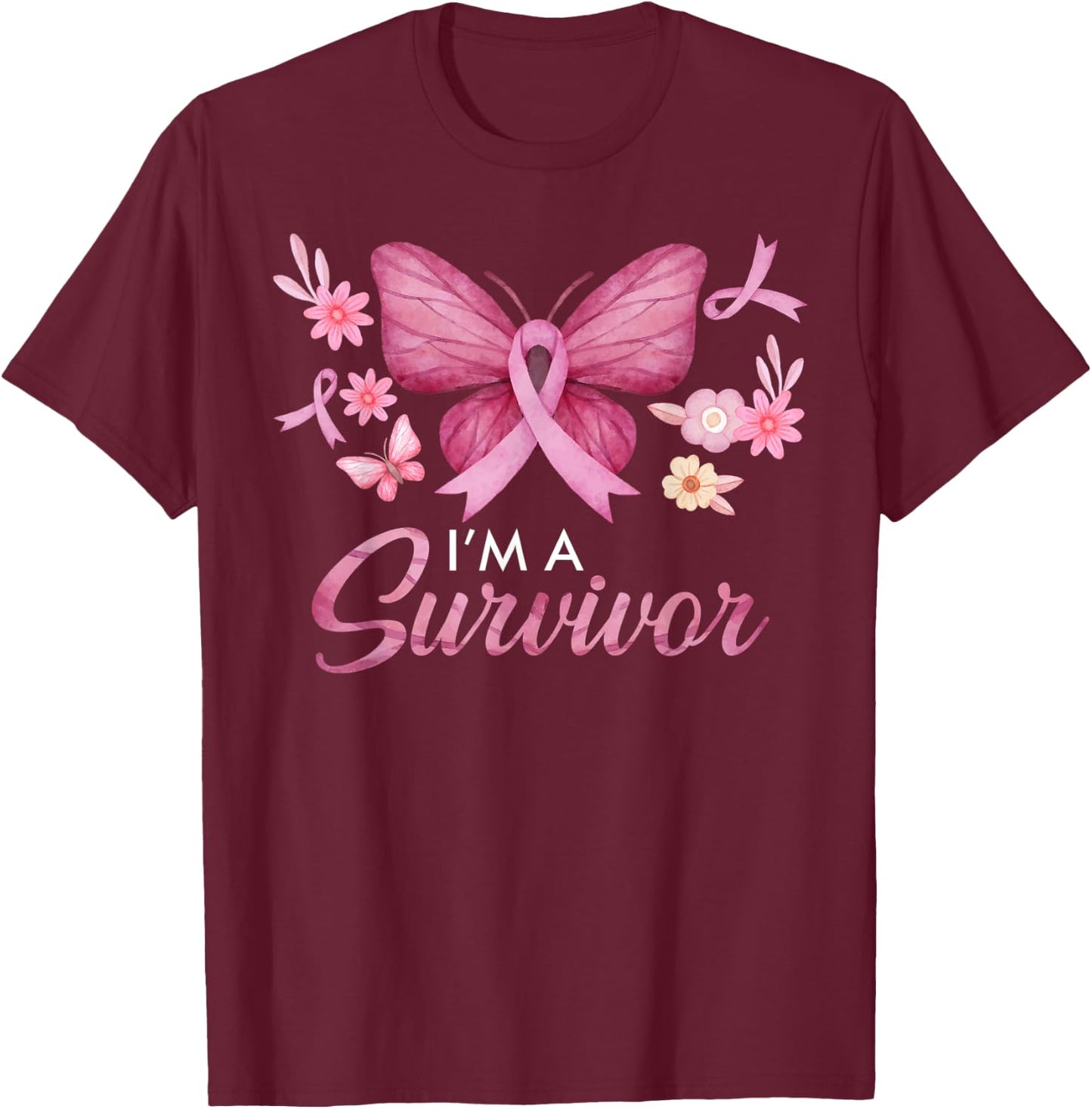 Faith Love Hope Survivor Pink Ribbon Breast Cancer Awareness T-Shirt - T-Shirt | Maroon