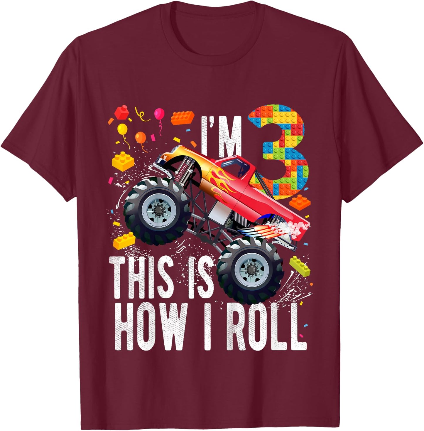 Kids 3 Year Old Building Blocks Monster Truck 3rd Birthday Boy T-Shirt - T-Shirt | Maroon