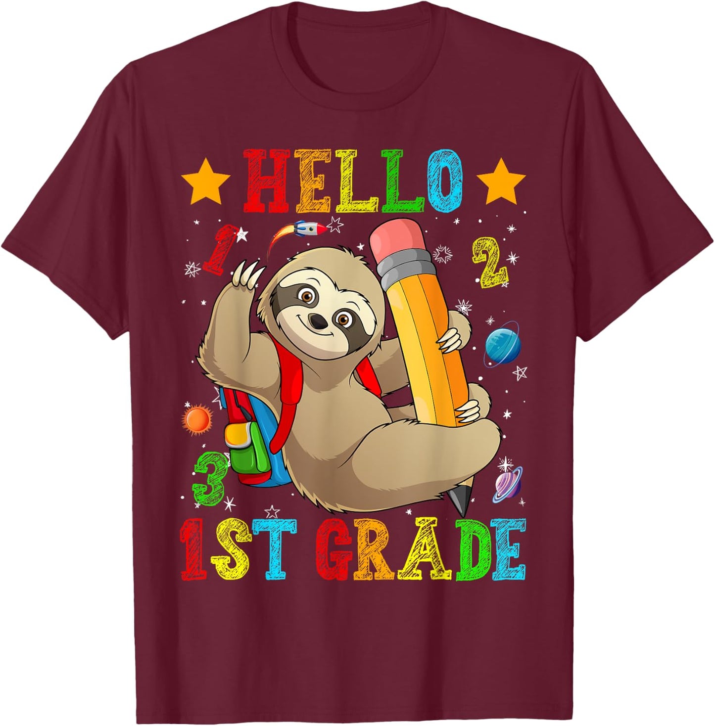 Cute Hello 1st Grade Sloth Animal Back To School Kids Girls T-Shirt - T-Shirt | Maroon