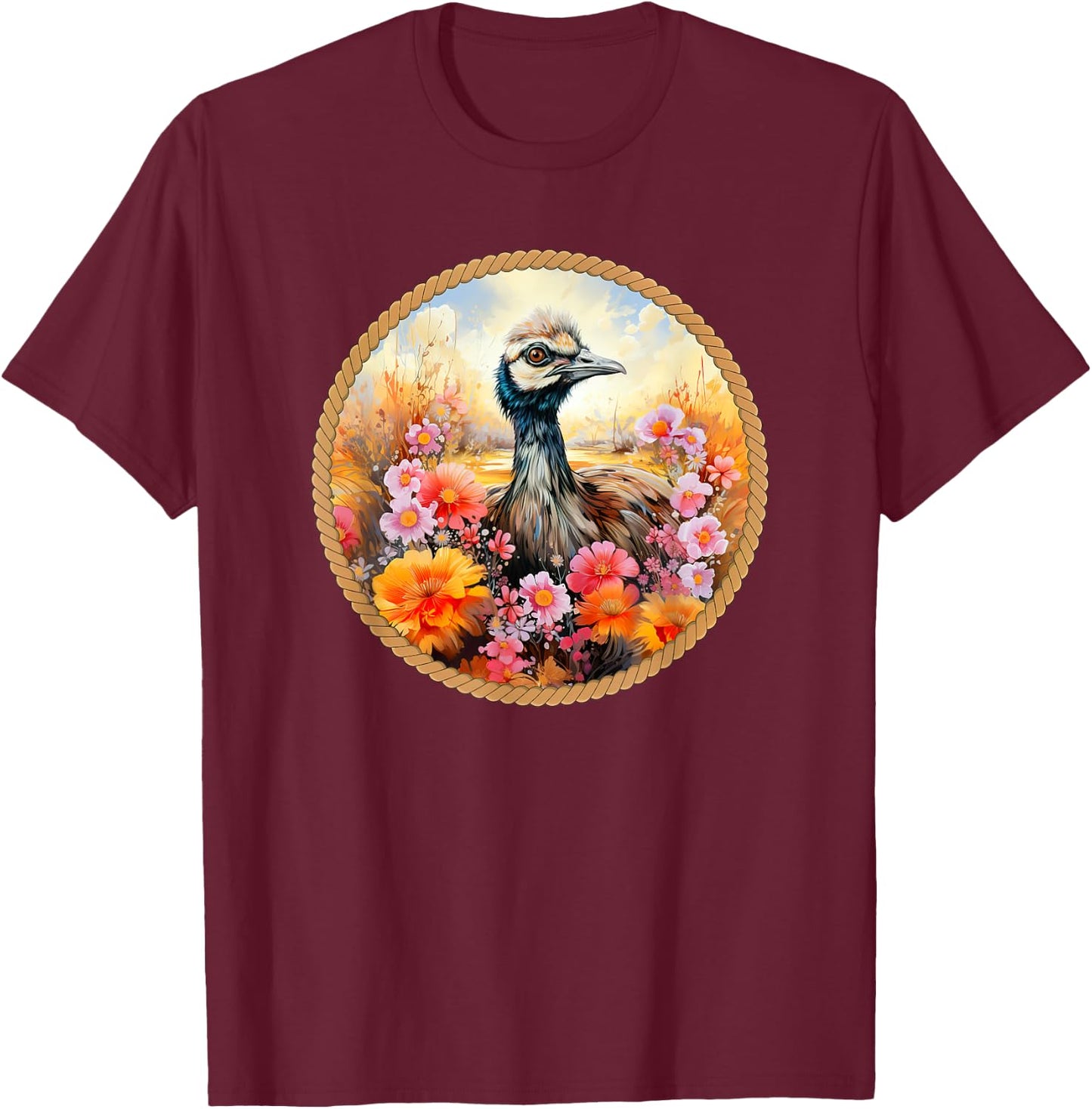 Cute Emu sitting in the meadow surrounded by flowers T-Shirt - T-Shirt | Maroon
