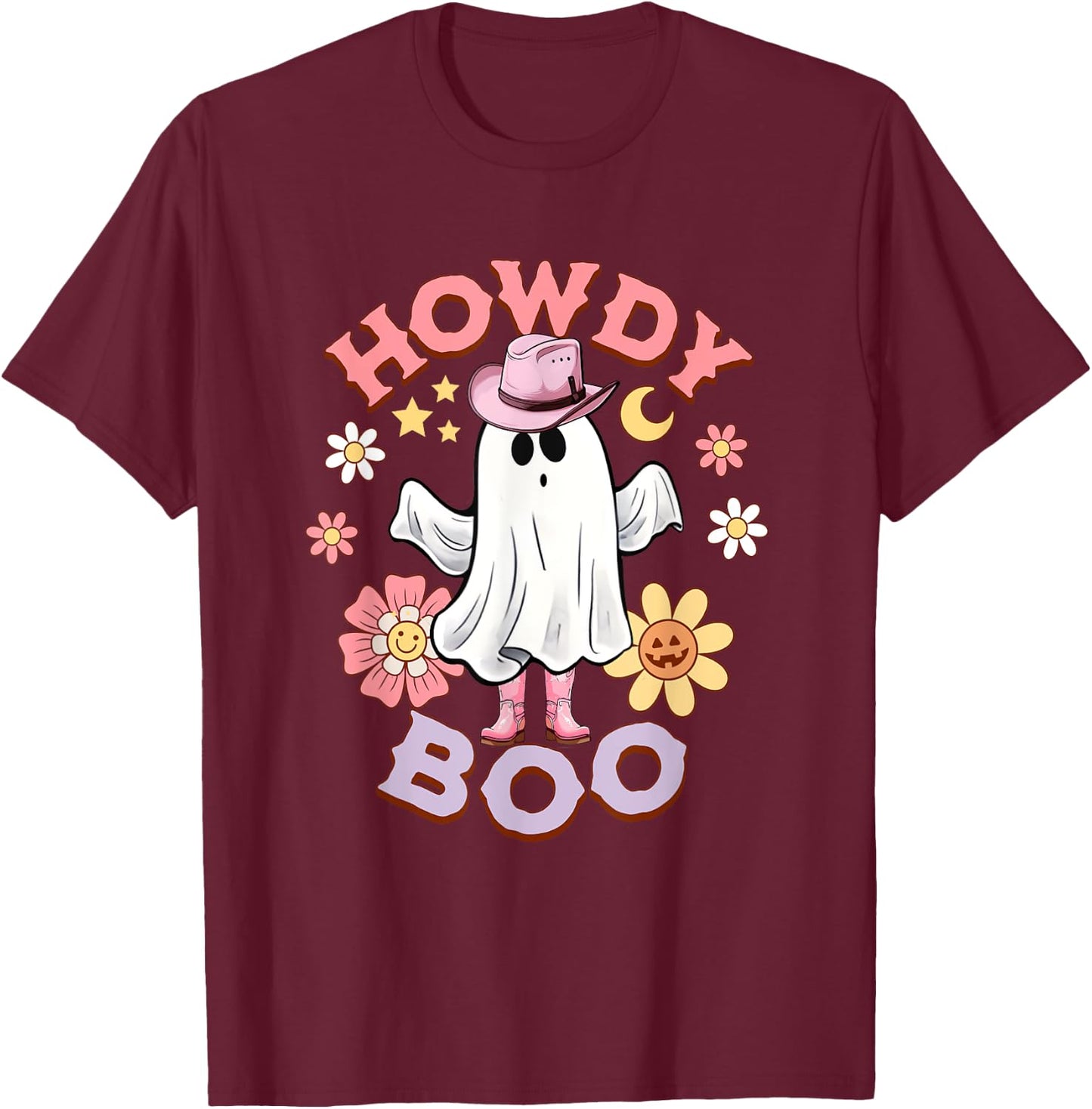 Howdy Boo funny ghost pink boots western halloween T-Shirt - T-Shirt | Maroon