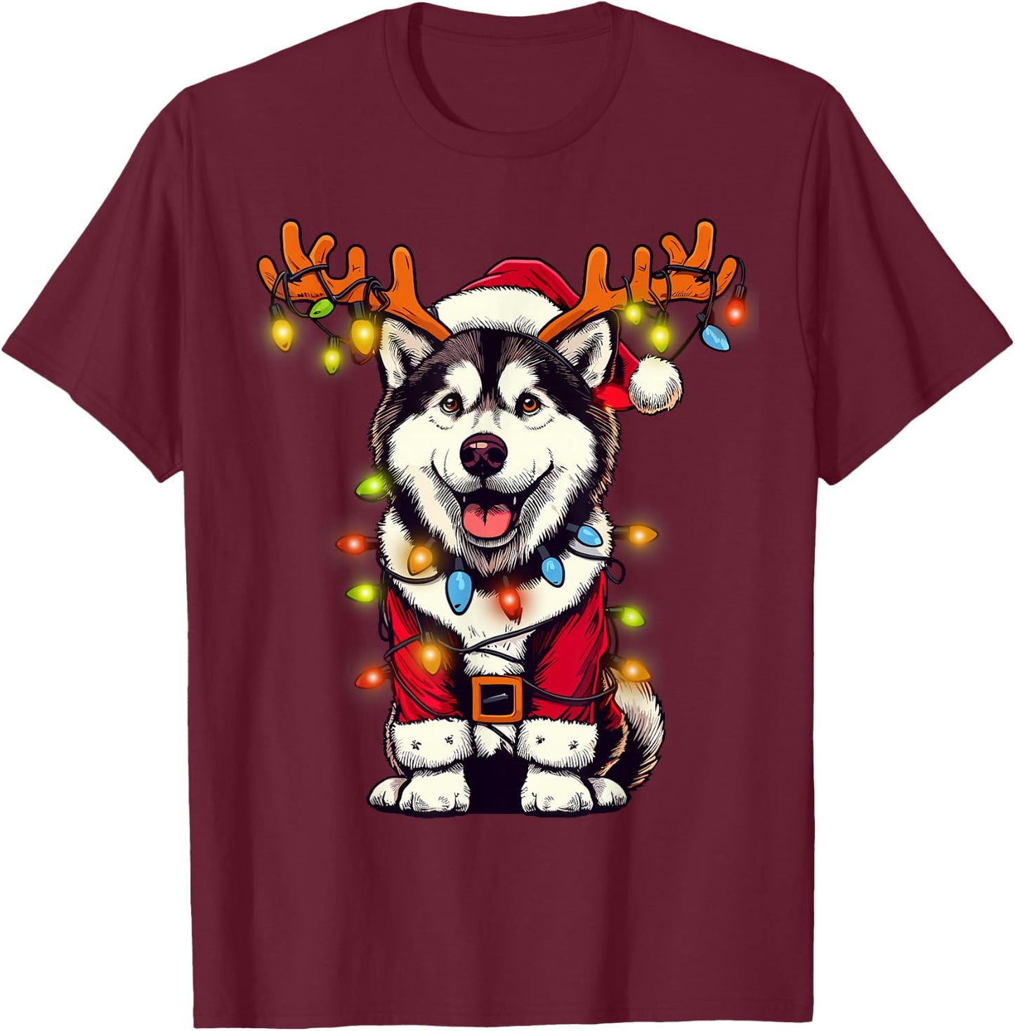 Funny Siberian Husky Christmas Tree Lights, Santa Dog T-Shirt - T-Shirt | Maroon