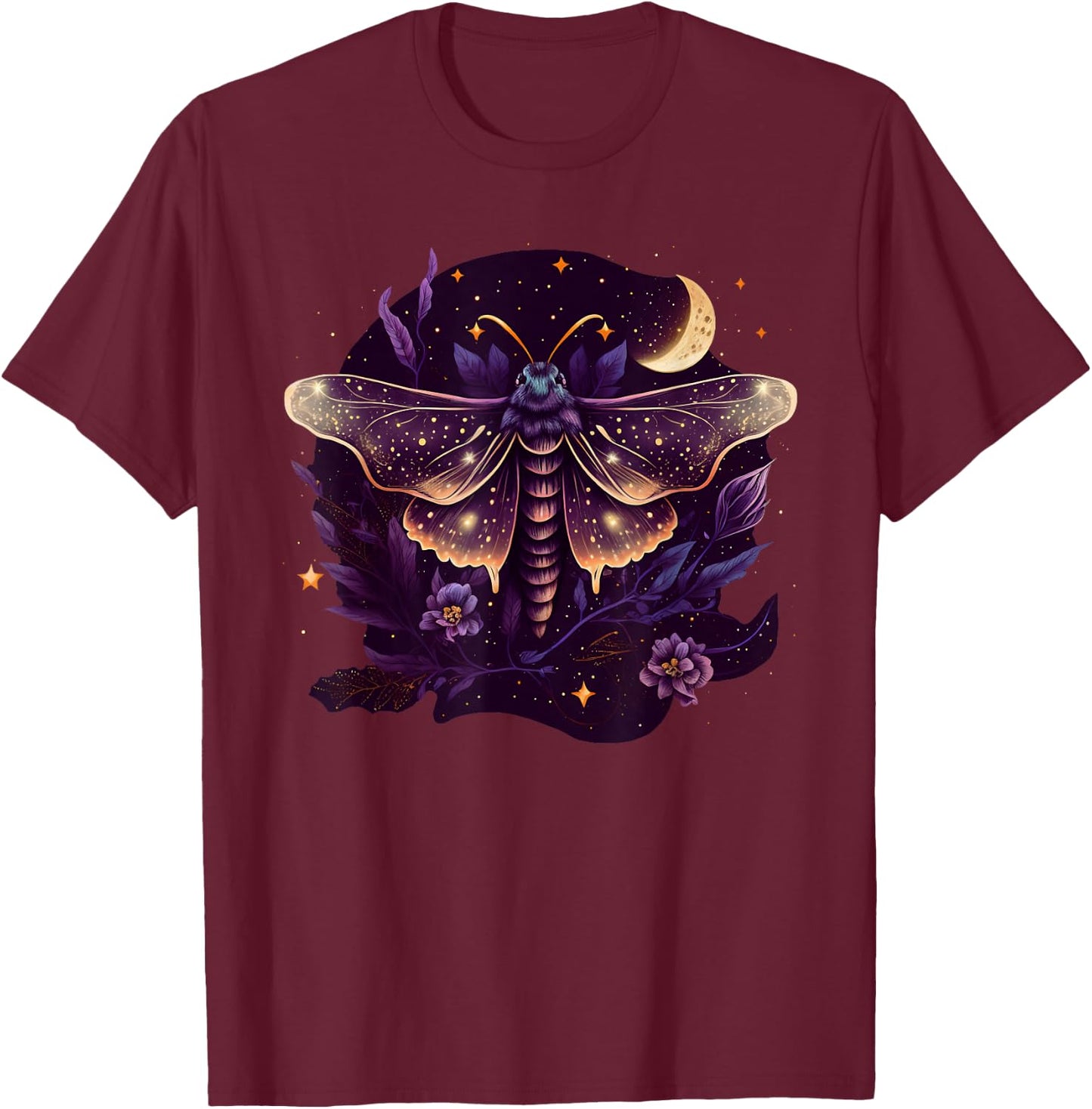 Moth with moon, butterfly, flowers, stars, night, vintage T-Shirt - T-Shirt | Maroon