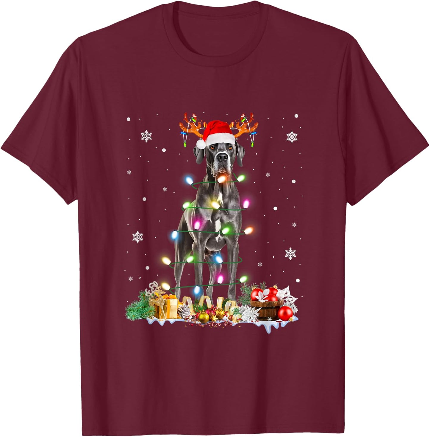 Great Dane Christmas Santa Hat Fairy Lights Pajama Dog Lover Men Women Kids T-Shirt - T-Shirt | Maroon