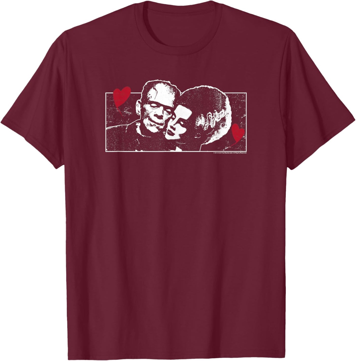 Universal Monsters Valentine's Day Frankenstein and Bride T-Shirt - T-Shirt | Maroon
