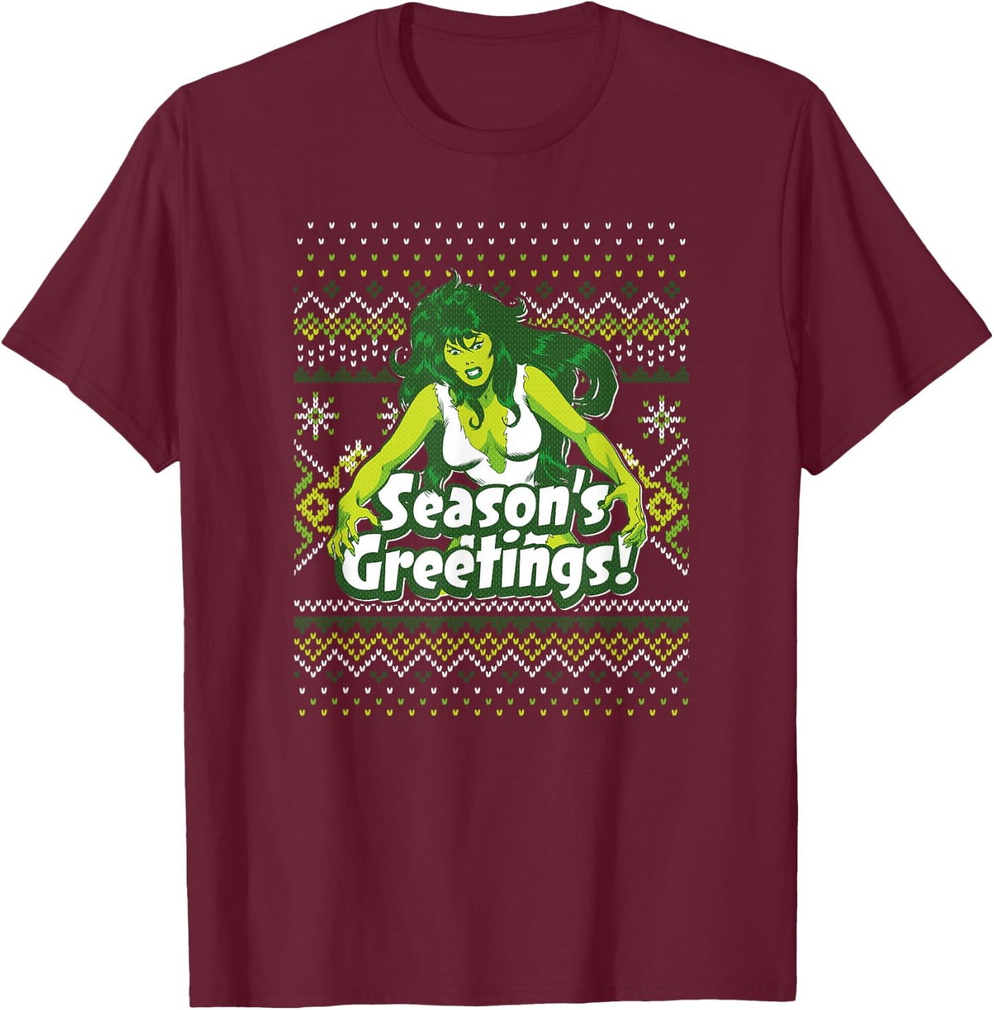Marvel She-Hulk Season's Greetings! Ugly Sweater T-Shirt - T-Shirt | Maroon