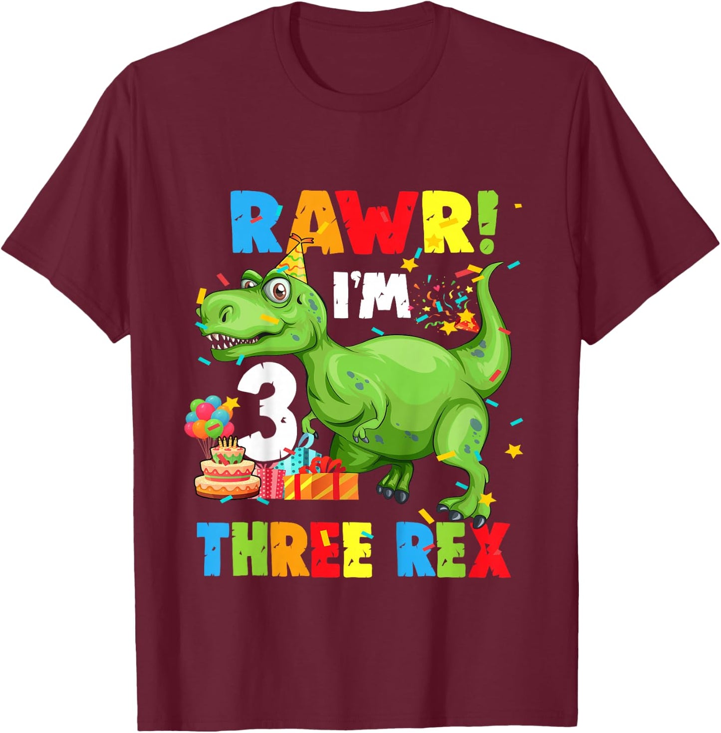 Kids Three Rex Birthday Party Outfit Dinosaur 3 Year Old Boy T-Shirt - T-Shirt | Maroon