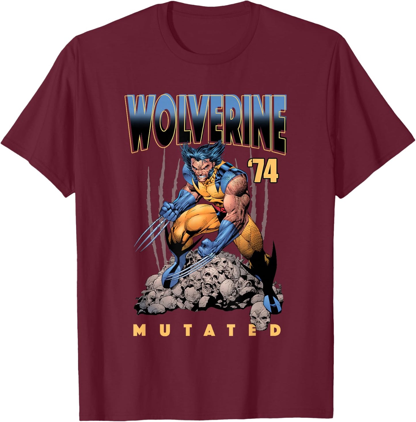 Marvel X-Men Wolverine '74 Mutated Skull Pile Logo T-Shirt - T-Shirt | Maroon
