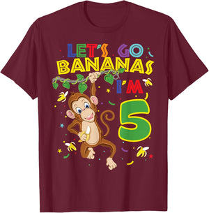Kids Monkey 5th Birthday Zoo Let's Go Bananas I'm 5 T-Shirt - T-Shirt | Maroon