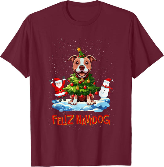 Pitbull Pittie Merry Christmas Tree Lights Dog X-Mas Dogs T-Shirt - T-Shirt | Maroon