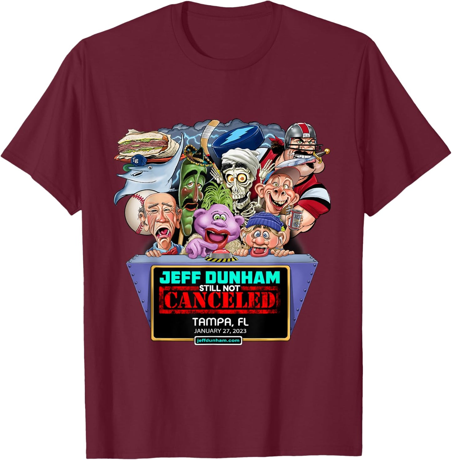 Jeff Dunham Black Cartoon , -Adults/Kids, Small, Short Sleeve, Classic Fit, Modern Style, Limited Edition Design, Jeff Dunham Tampa, FL (2023) T-Shirt - T-Shirt | Maroon