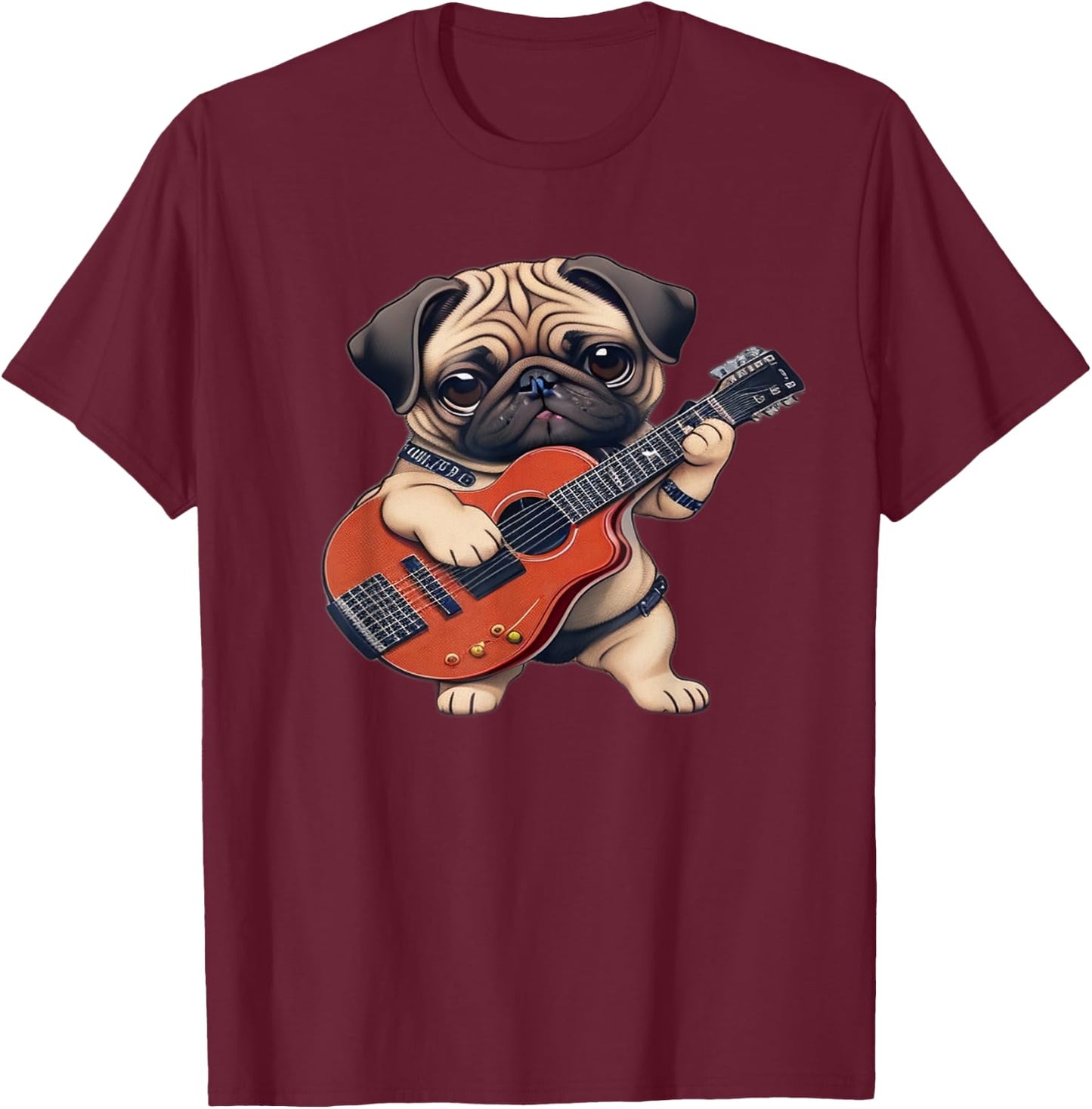 Pug Playing Guitar Cute Pug Electric Bass Guitar Player T-Shirt - T-Shirt | Maroon