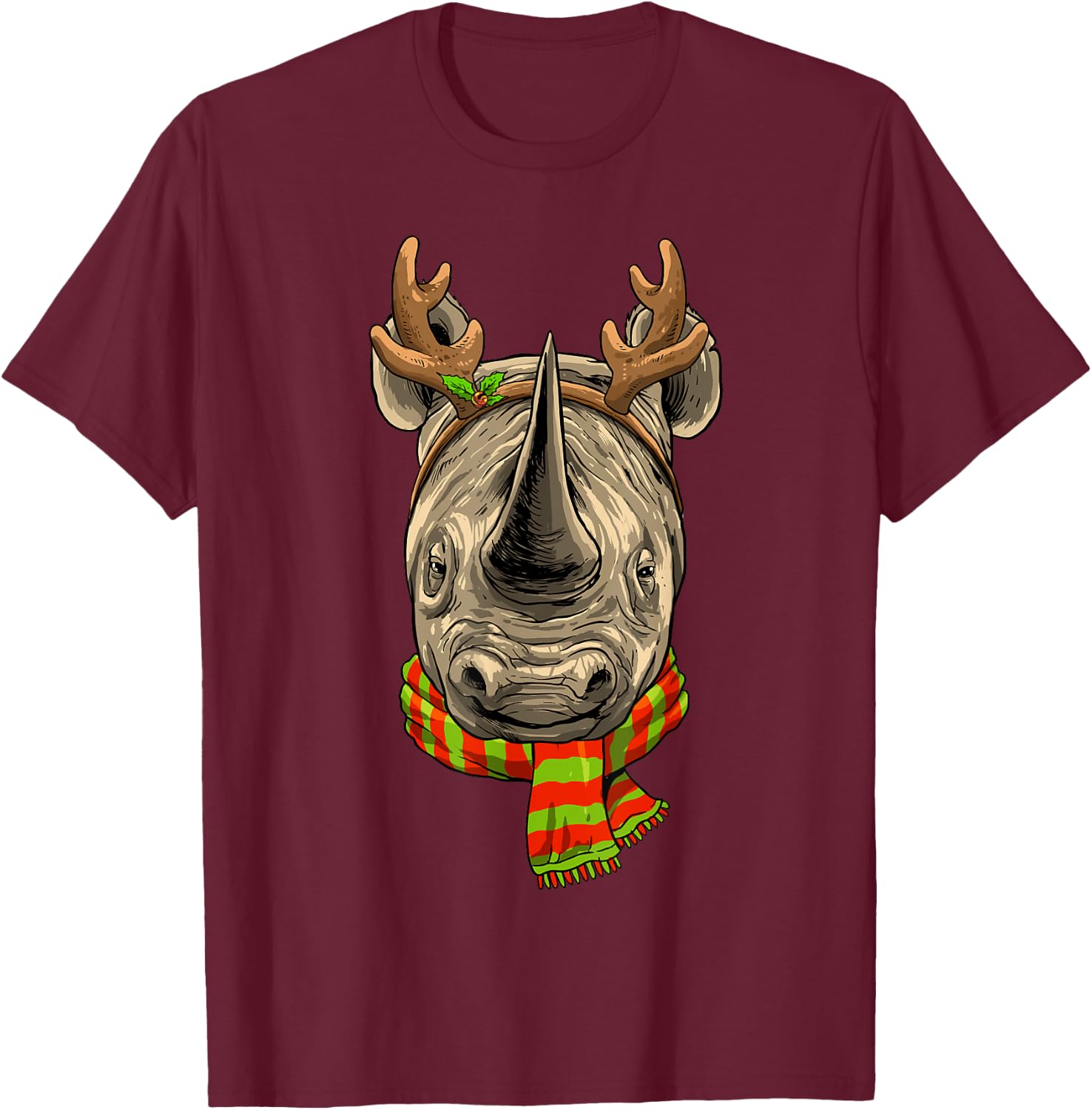 Christmas Rhinoceros Santa Clause Reindeer Xmas Safari Rhino T-Shirt - T-Shirt | Maroon