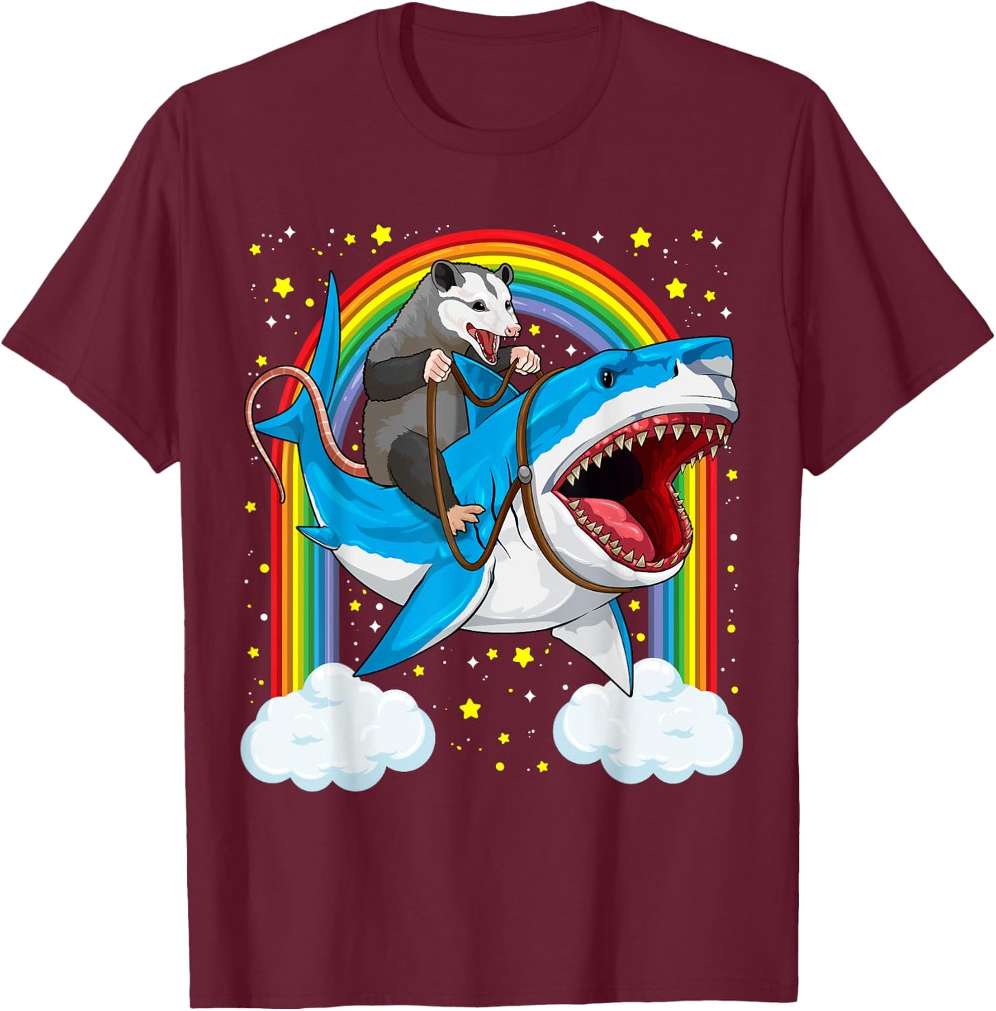 Funny Opossum Riding Shark Possum Trash Marsupial Mashup T-Shirt - T-Shirt | Maroon
