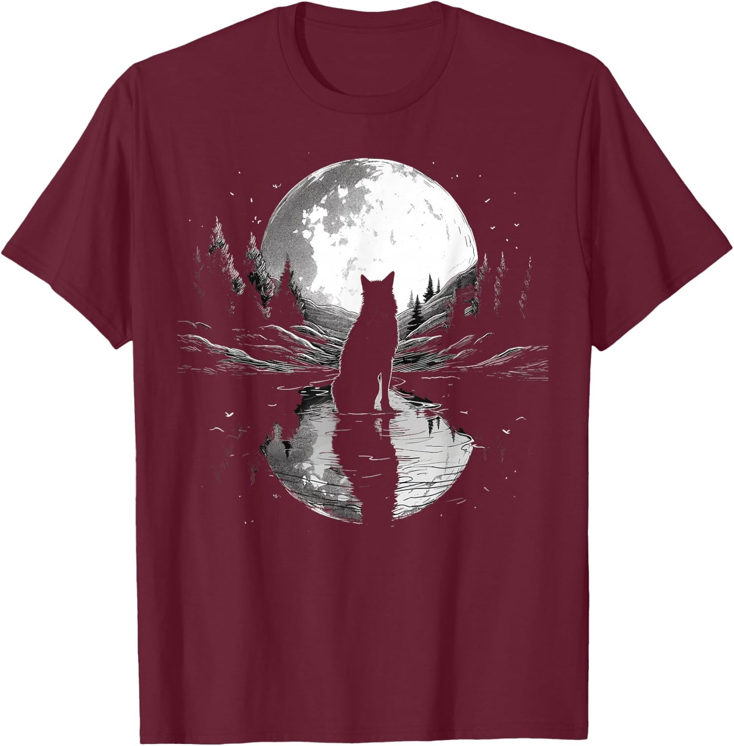 wolf looking moon on River for lover wolves wildlife animal T-Shirt - T-Shirt | Maroon
