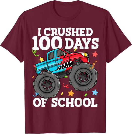 100 Days of School Monster Truck 100th Day of School Boys T-Shirt - T-Shirt | Maroon