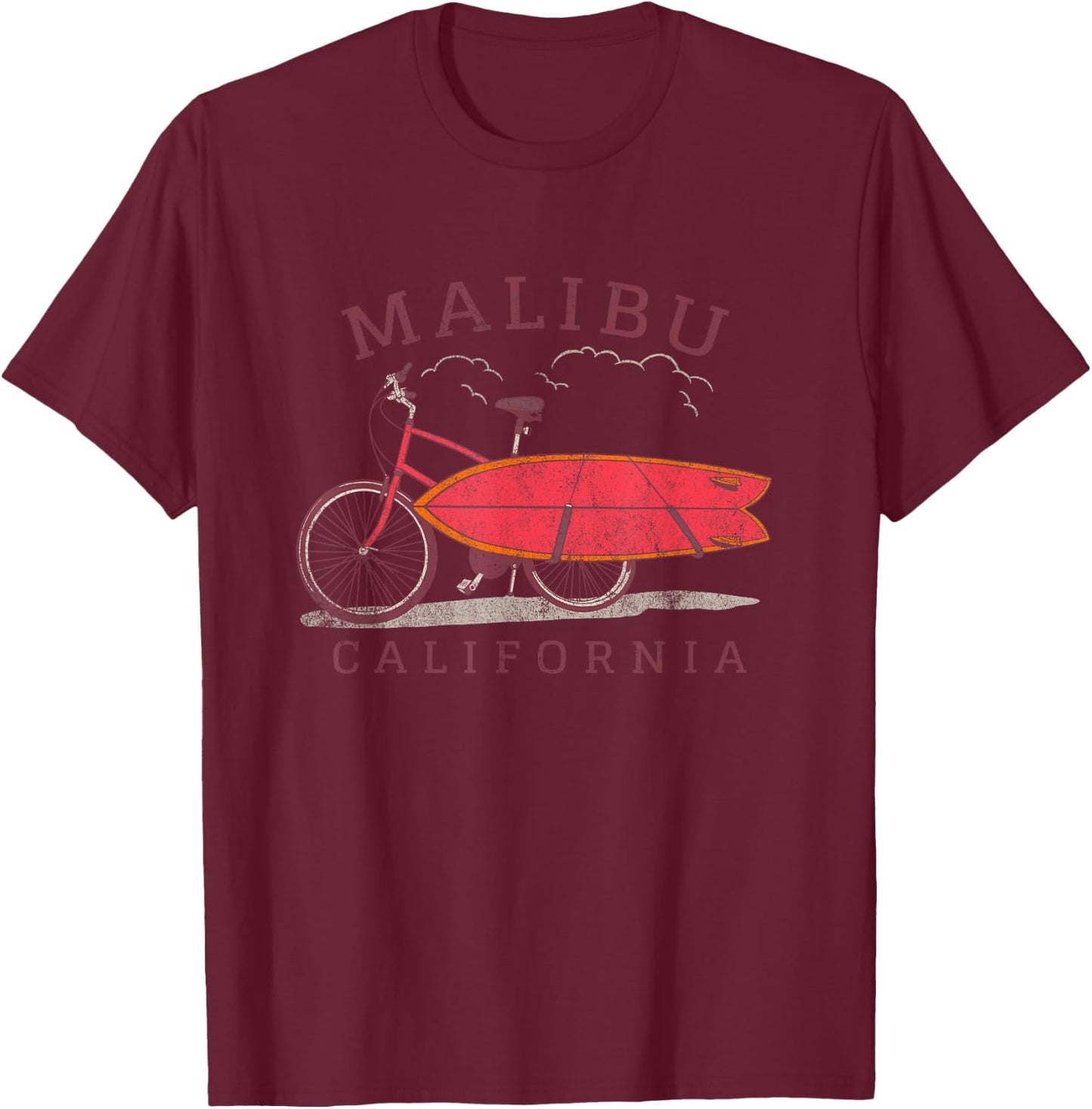 Retro Malibu California Surfing Fan Surfboard Bicycle Art T-Shirt - T-Shirt | Maroon