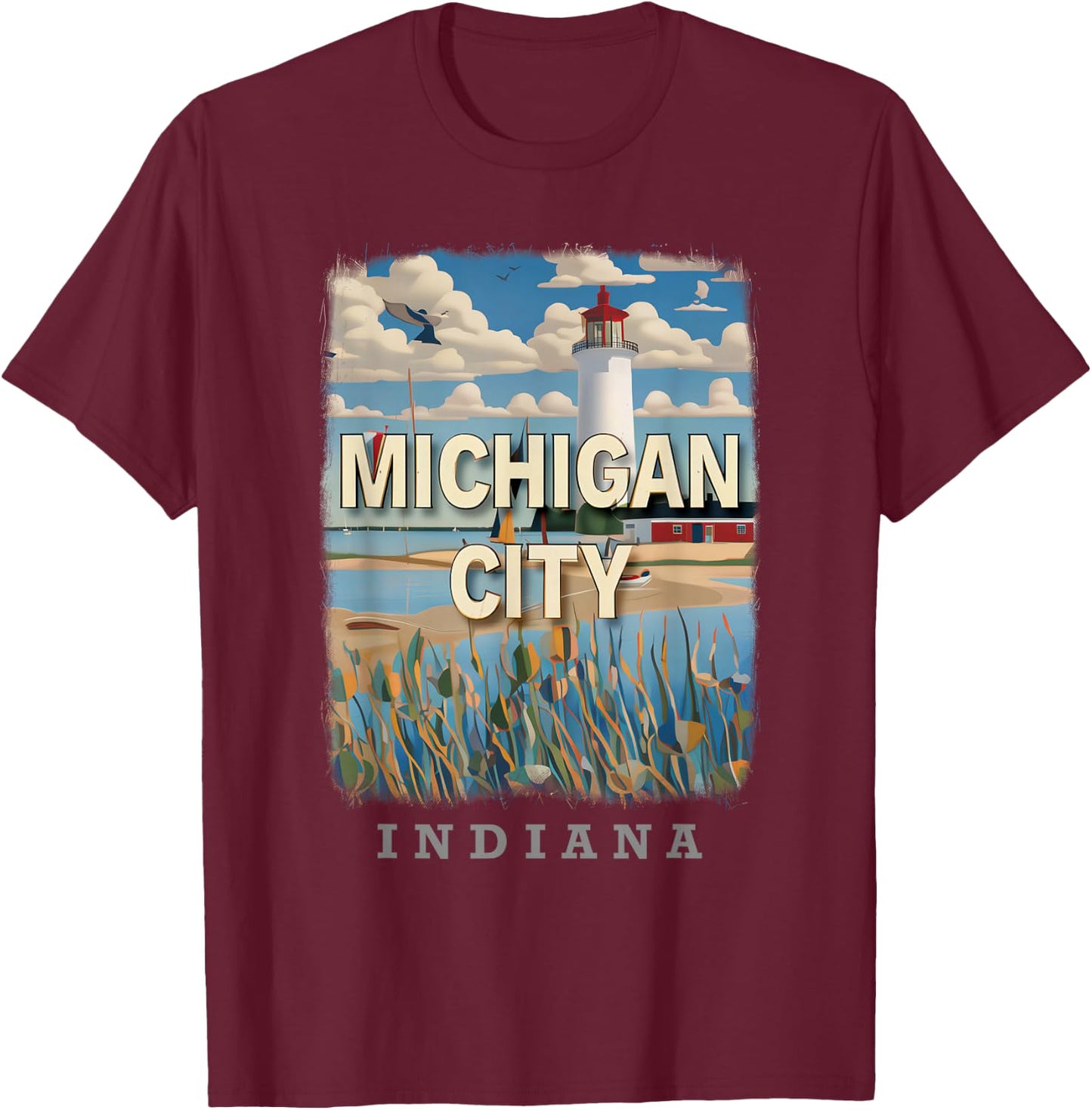 Michigan City Indiana IN Lighthouse Bliss SD701 T-Shirt - T-Shirt | Maroon