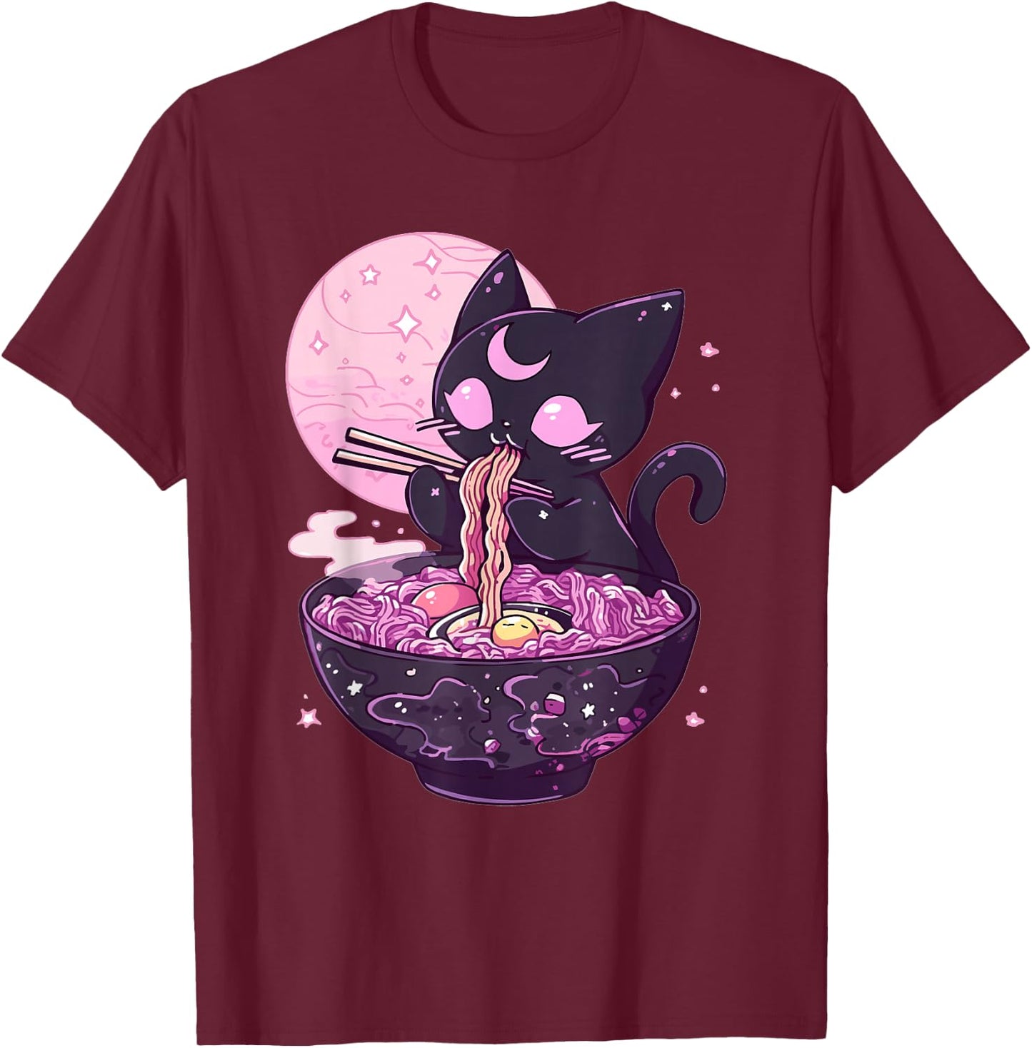 Pastel Goth Aesthetic Kawaii Creepy Cat Eating Ramen Noodles T-Shirt - T-Shirt | Maroon