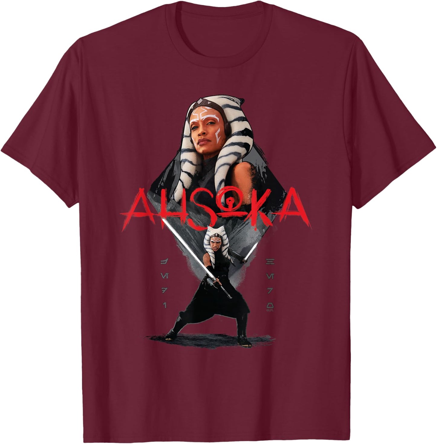 Star Wars Ahsoka Tano Jedi Hero Aurebesh Disney+ T-Shirt - T-Shirt | Maroon