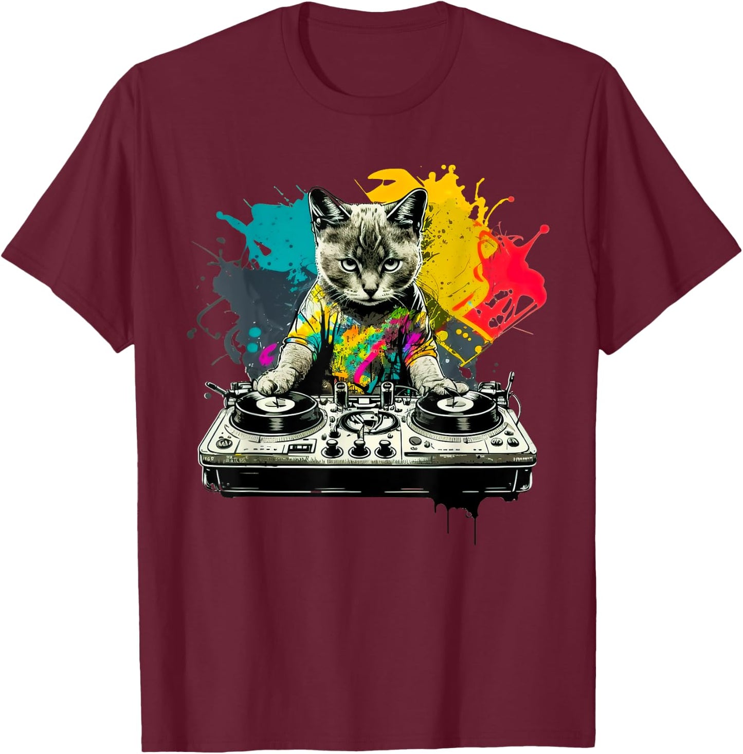 Dj Cat funny house music cat music lover T-Shirt - T-Shirt | Maroon