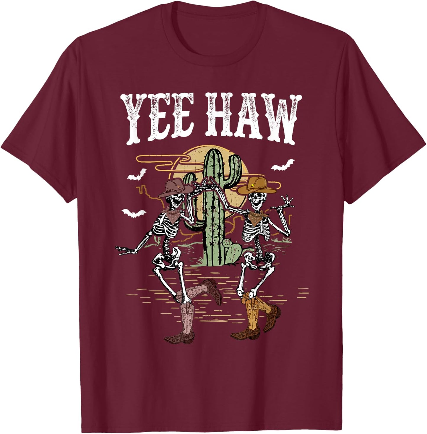 Howdy Retro Desert Dancing Skeleton Cowboy Boots Hat Western T-Shirt - T-Shirt | Maroon