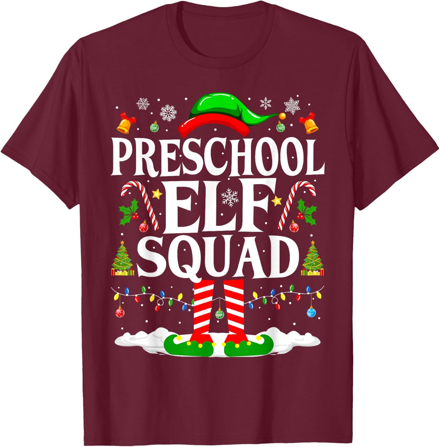 Preschool Elf Squad Xmas Funny Christmas Preschool Teacher T-Shirt - T-Shirt | Maroon