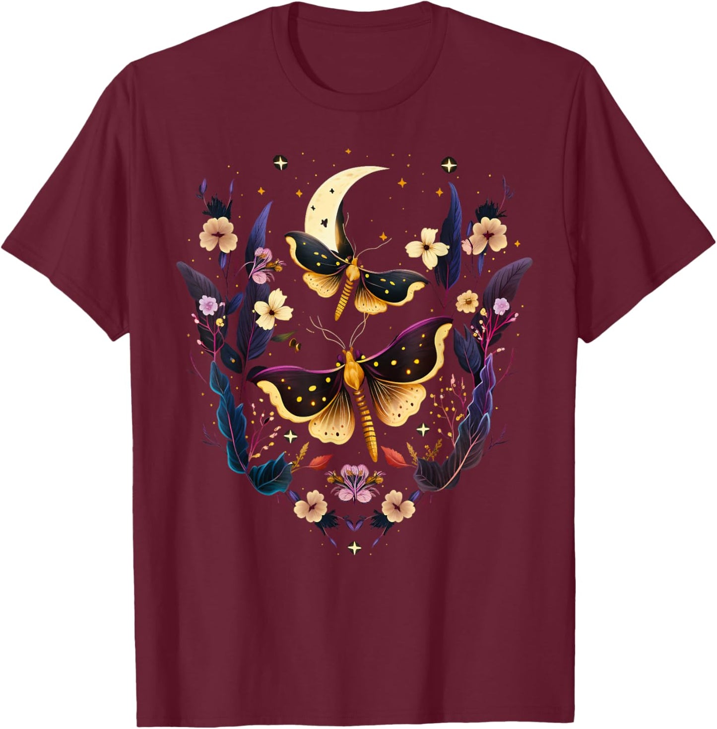 Moths with moon, flowers, butterfly, Wicca, goth, night T-Shirt - T-Shirt | Maroon