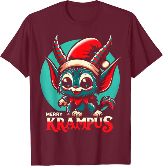 Cute Merry Krampus Christmas Holiday 30’s retro cartoon T-Shirt - T-Shirt | Maroon
