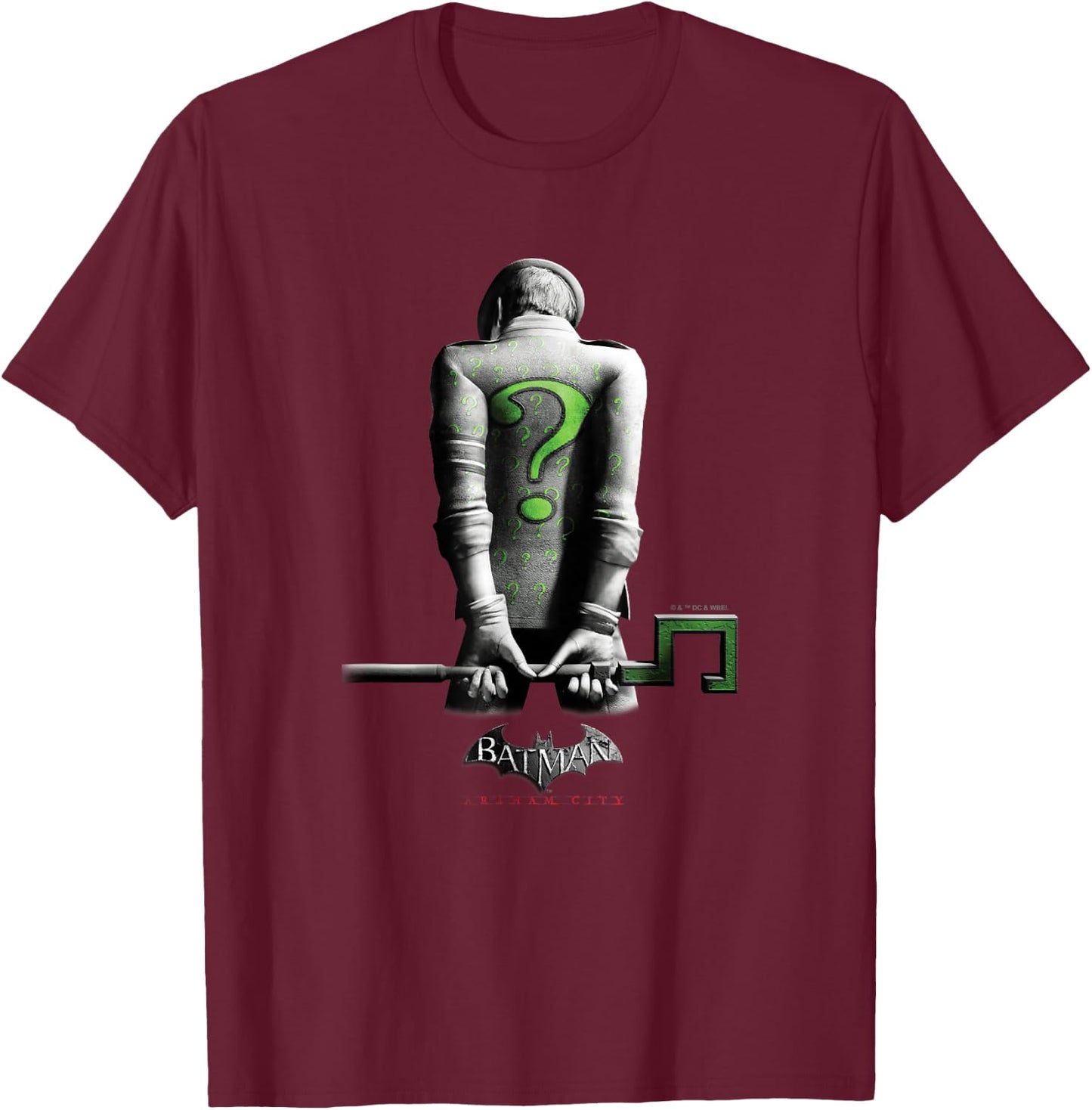 Batman: Arkham City The Riddler Villainous Distressed Poster T-Shirt - T-Shirt | Maroon