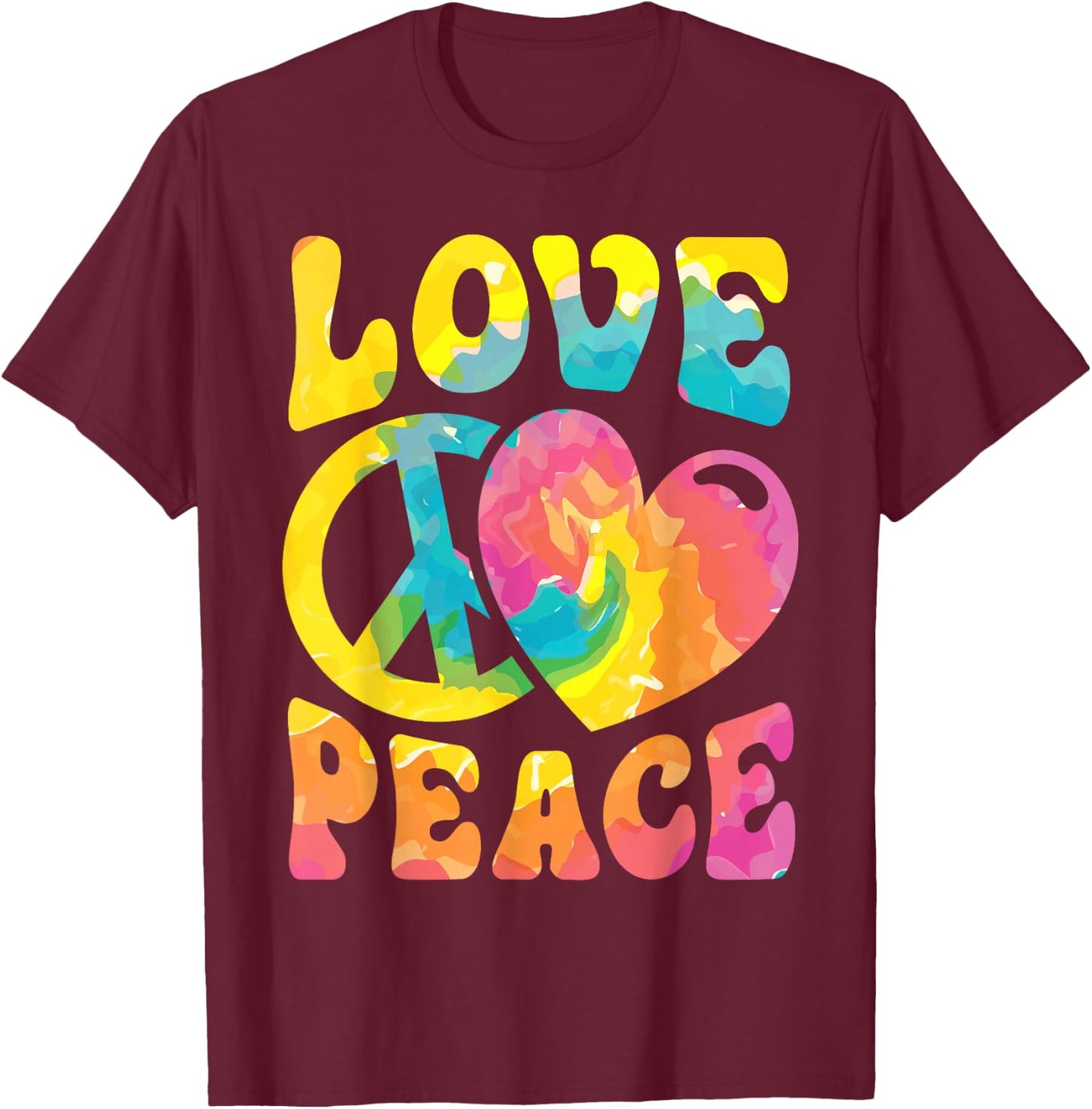 Hippie Women Men Love Peace Sign Heart Tie Dye Retro Groovy T-Shirt - T-Shirt | Maroon