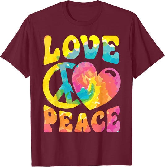 Hippie Women Men Love Peace Sign Heart Tie Dye Retro Groovy T-Shirt - T-Shirt | Maroon