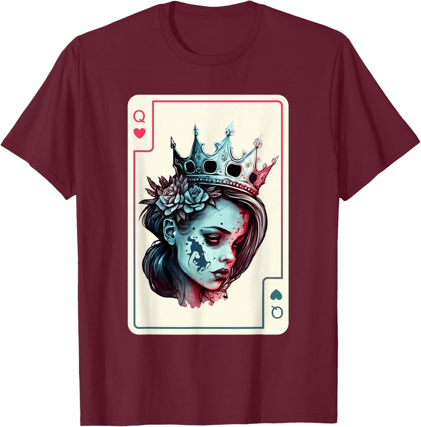 Queen of Hearts Gothic Poker Card Game Halloween Creepy T-Shirt - T-Shirt | Maroon