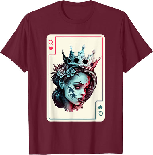 Queen of Hearts Gothic Poker Card Game Halloween Creepy T-Shirt - T-Shirt | Maroon