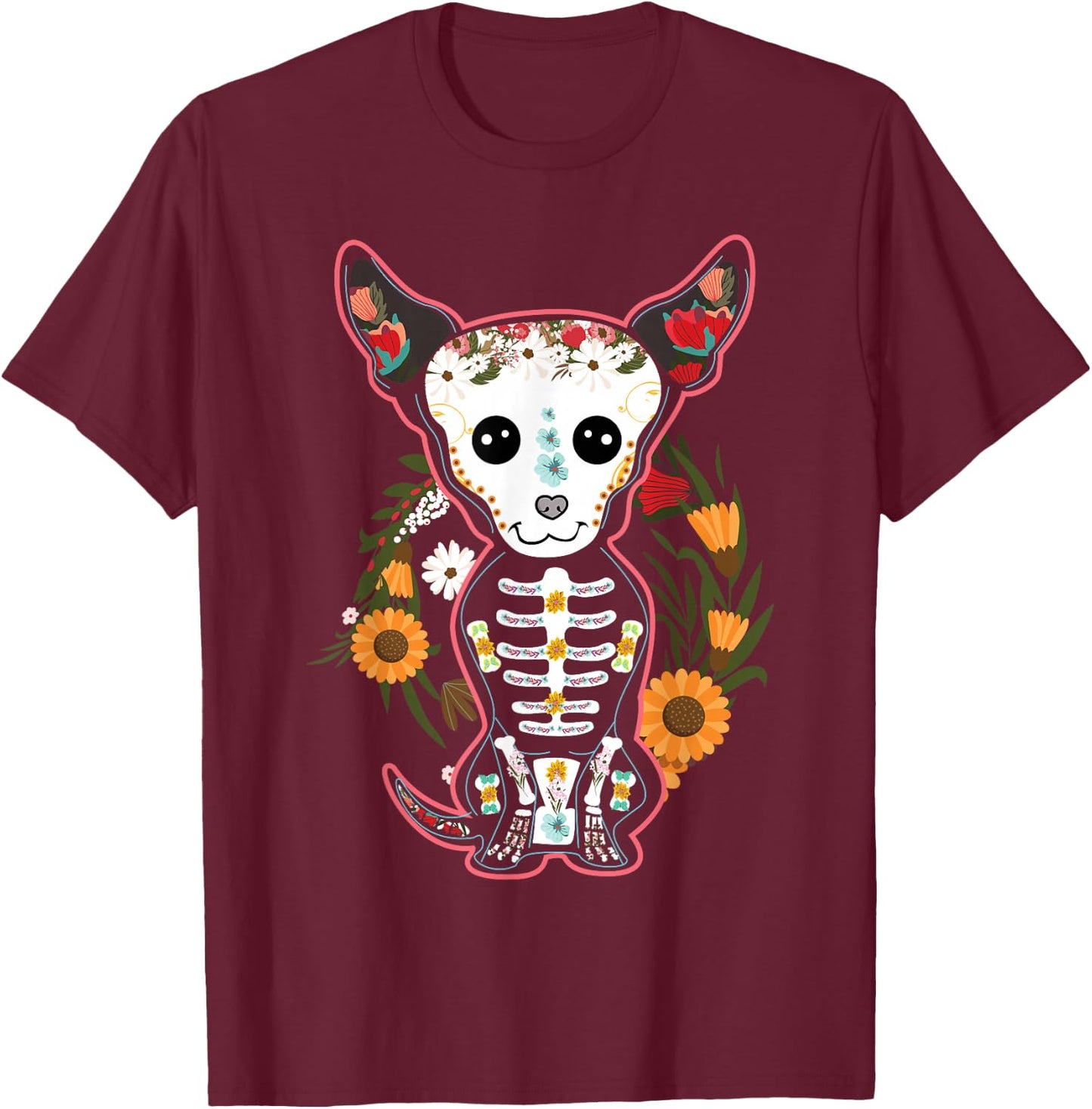 Souls Day Muertos Day Of Dead Sugar Skull Chihuahua Dog Women Kids T-Shirt - T-Shirt | Maroon