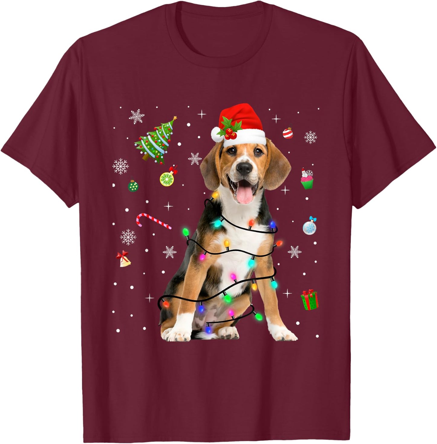 Beagle Dog Christmas Lights Santa Hat Dog Dad Mom Women Kids T-Shirt - T-Shirt | Maroon