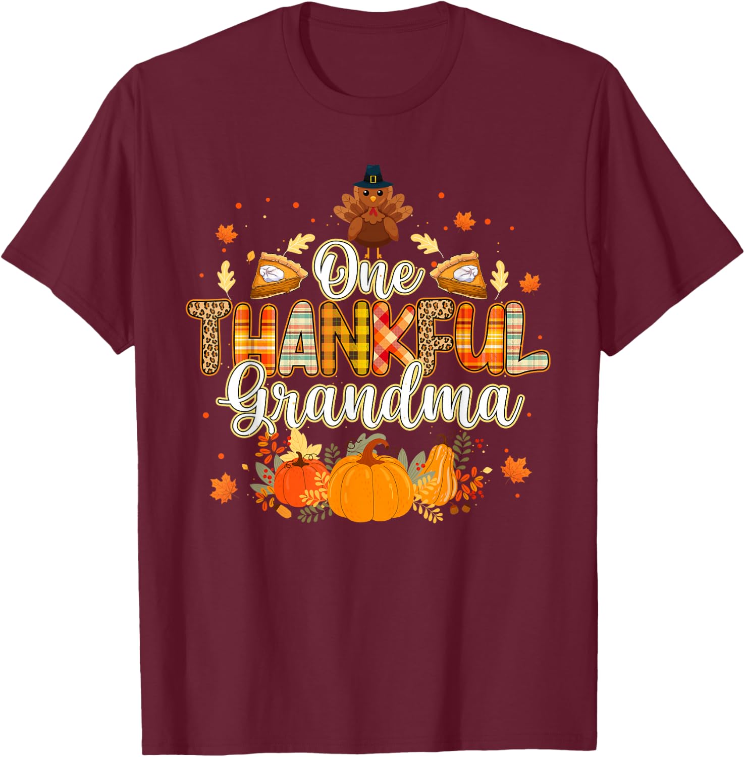 One Thankful Grandma Fall Leaves Autumn Grandma Thanksgiving T-Shirt - T-Shirt | Maroon