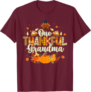 One Thankful Grandma Fall Leaves Autumn Grandma Thanksgiving T-Shirt - T-Shirt | Maroon