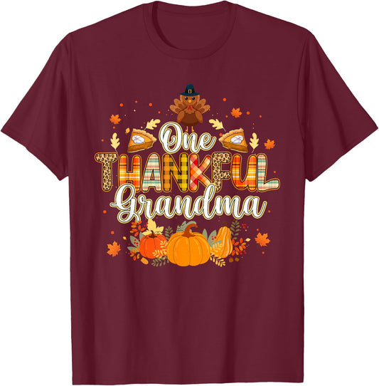 One Thankful Grandma Fall Leaves Autumn Grandma Thanksgiving T-Shirt - T-Shirt | Maroon